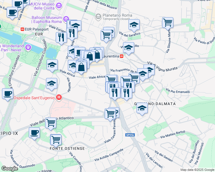 map of restaurants, bars, coffee shops, grocery stores, and more near 1 Via della Sierra Nevada in Rome
