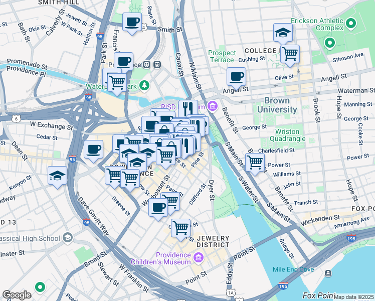 map of restaurants, bars, coffee shops, grocery stores, and more near 65 Weybosset Street in Providence