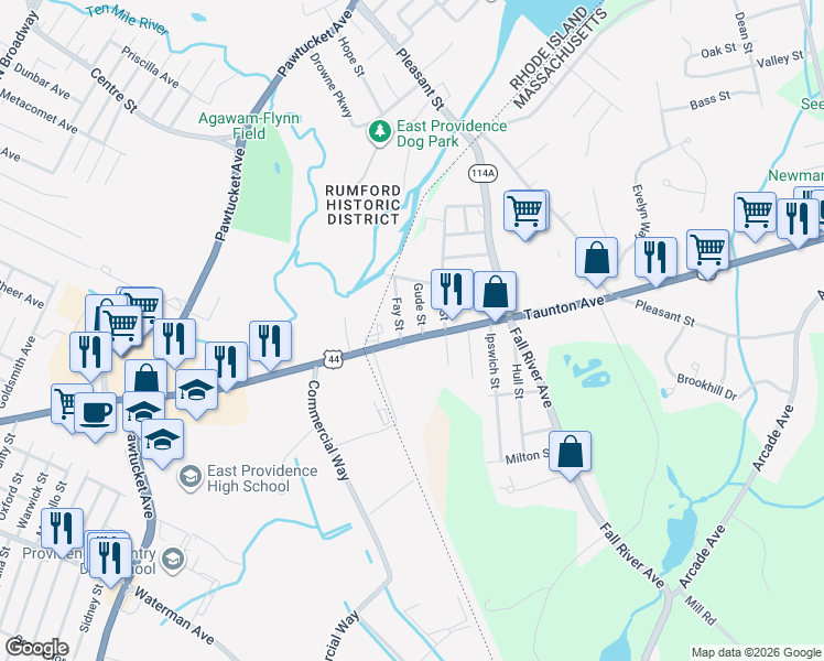 map of restaurants, bars, coffee shops, grocery stores, and more near 25 Fay Street in Seekonk