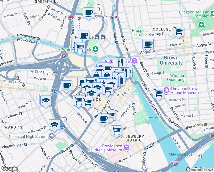 map of restaurants, bars, coffee shops, grocery stores, and more near in Providence