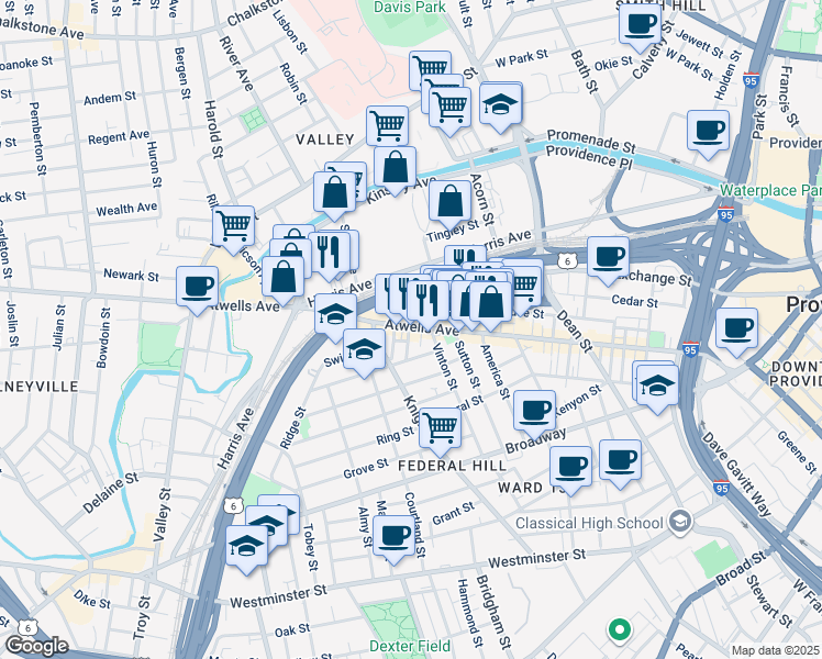 map of restaurants, bars, coffee shops, grocery stores, and more near 425 Atwells Avenue in Providence