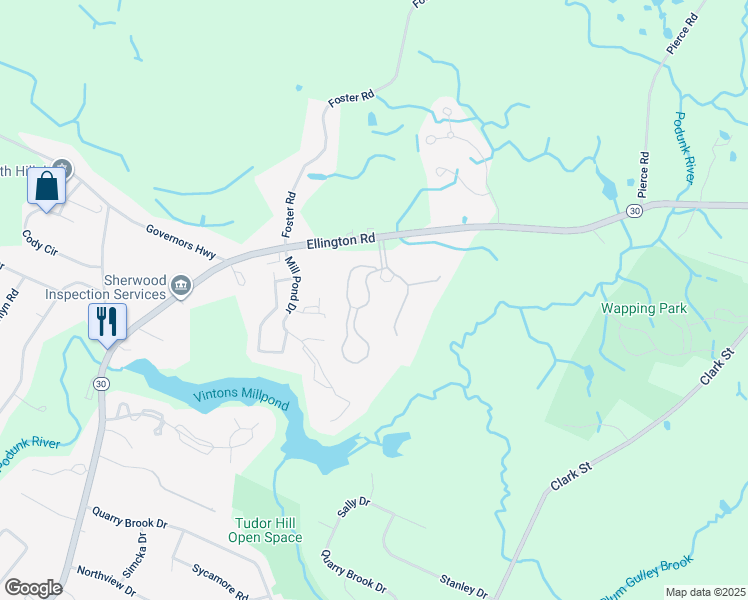 map of restaurants, bars, coffee shops, grocery stores, and more near 1103 Twin Circle Drive in South Windsor