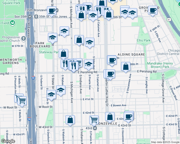 map of restaurants, bars, coffee shops, grocery stores, and more near 244 East Pershing Road in Chicago