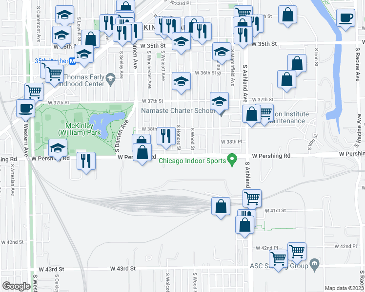 map of restaurants, bars, coffee shops, grocery stores, and more near 3814 South Wood Street in Chicago