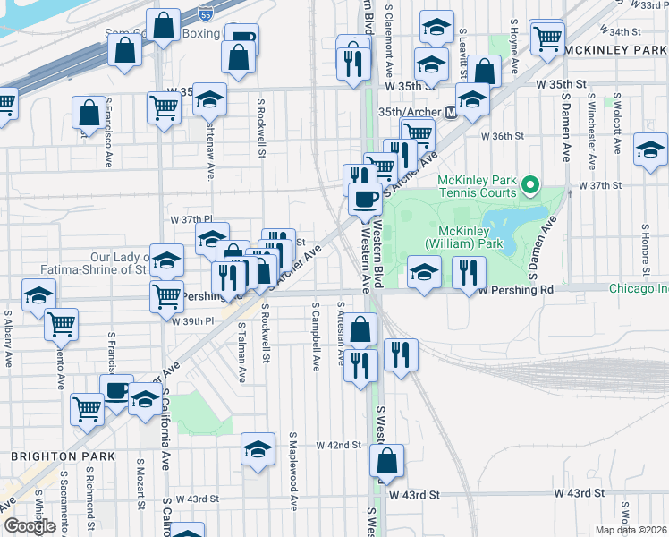 map of restaurants, bars, coffee shops, grocery stores, and more near 3791 South Archer Avenue in Chicago