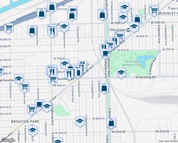 map of restaurants, bars, coffee shops, grocery stores, and more near 2529 West 38th Street in Chicago