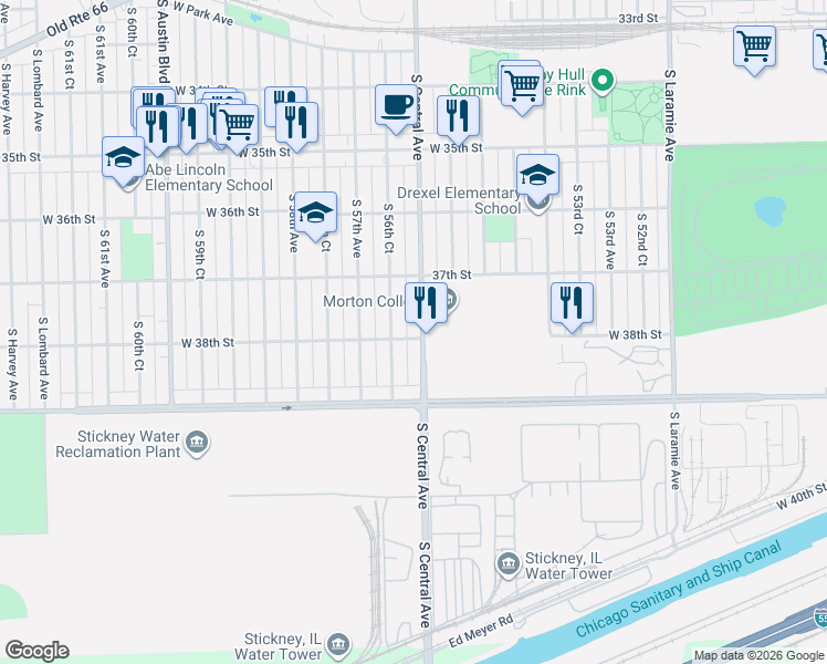 map of restaurants, bars, coffee shops, grocery stores, and more near 3720 South Central Avenue in Cicero