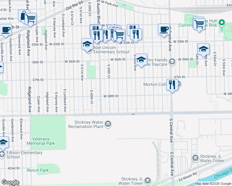 map of restaurants, bars, coffee shops, grocery stores, and more near 3720 South 59th Avenue in Cicero