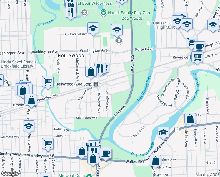 map of restaurants, bars, coffee shops, grocery stores, and more near 8400 Riverside Avenue in Brookfield