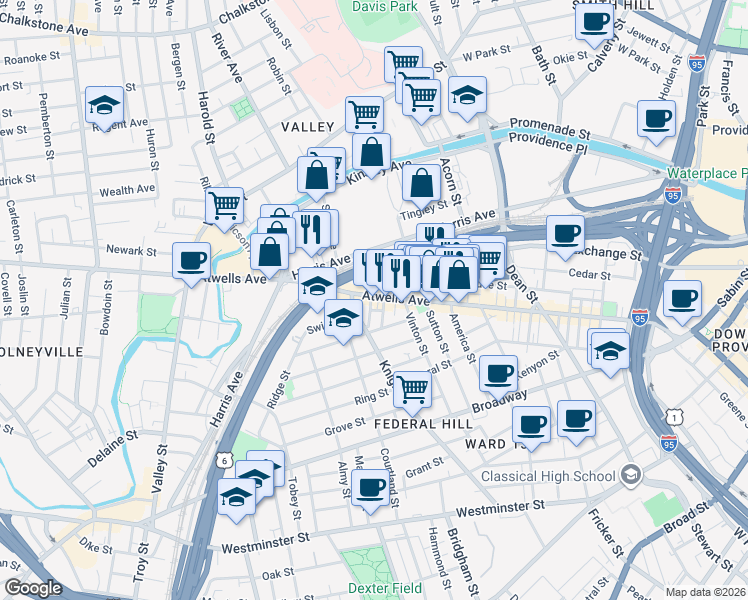 map of restaurants, bars, coffee shops, grocery stores, and more near 424 Atwells Avenue in Providence
