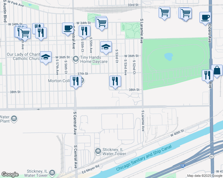 map of restaurants, bars, coffee shops, grocery stores, and more near 3724 South 53rd Court in Cicero