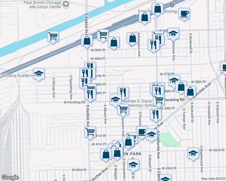 map of restaurants, bars, coffee shops, grocery stores, and more near 3034 West 38th Place in Chicago