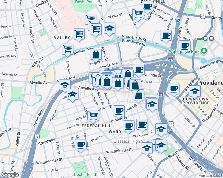 map of restaurants, bars, coffee shops, grocery stores, and more near 57 De Pasquale Avenue in Providence