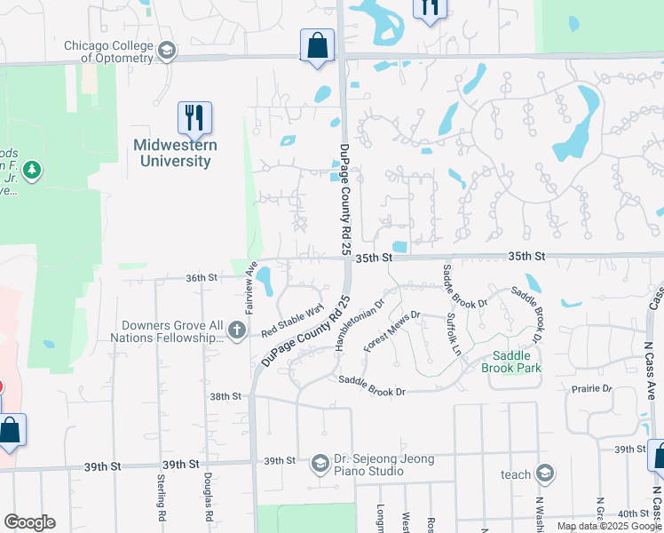 map of restaurants, bars, coffee shops, grocery stores, and more near 3412 Meyers Road in Oak Brook