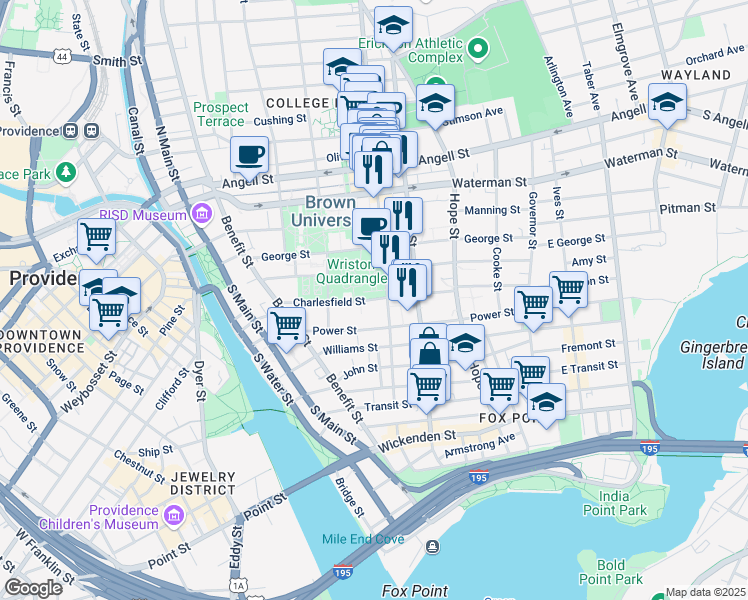 map of restaurants, bars, coffee shops, grocery stores, and more near 42 Charlesfield Street in Providence