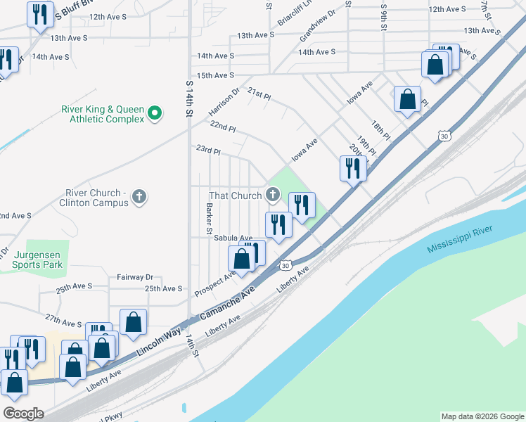 map of restaurants, bars, coffee shops, grocery stores, and more near 2347 Chancy Street in Clinton
