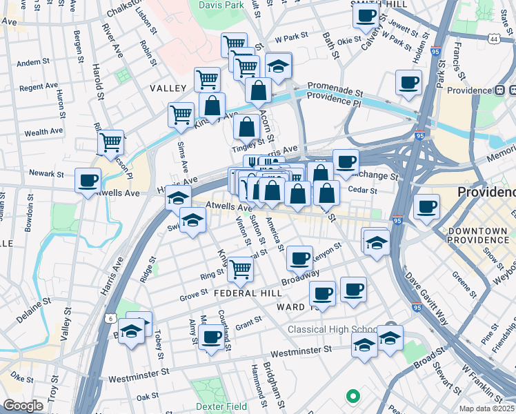 map of restaurants, bars, coffee shops, grocery stores, and more near 333 Atwells Avenue in Providence
