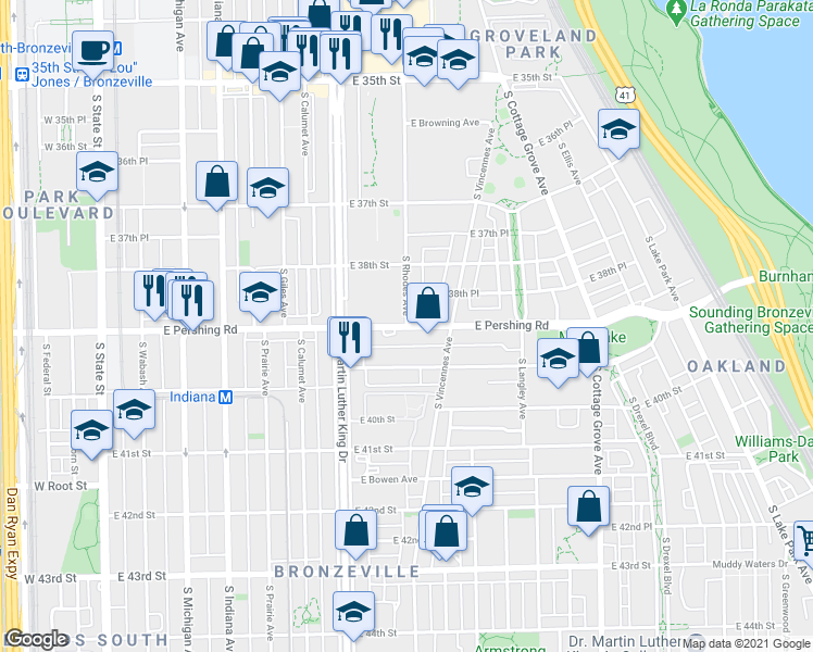 map of restaurants, bars, coffee shops, grocery stores, and more near 6237 South Rhodes Avenue in Chicago
