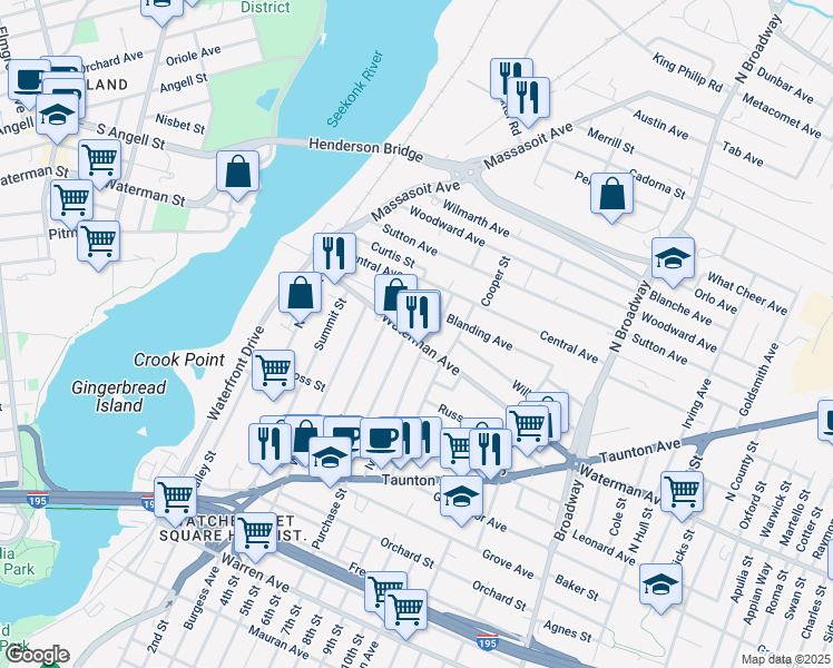 map of restaurants, bars, coffee shops, grocery stores, and more near 15 Blanding Avenue in East Providence