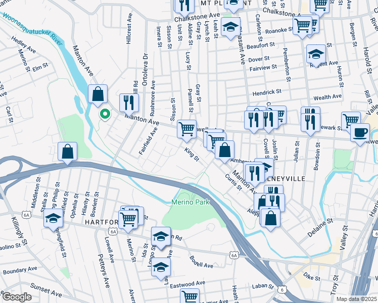 map of restaurants, bars, coffee shops, grocery stores, and more near King Street in Providence