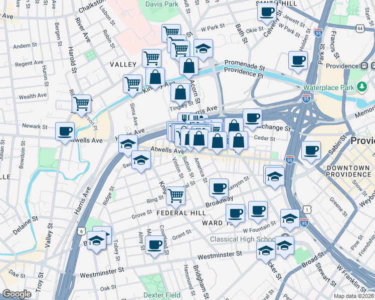 map of restaurants, bars, coffee shops, grocery stores, and more near 141 Spruce Street in Providence