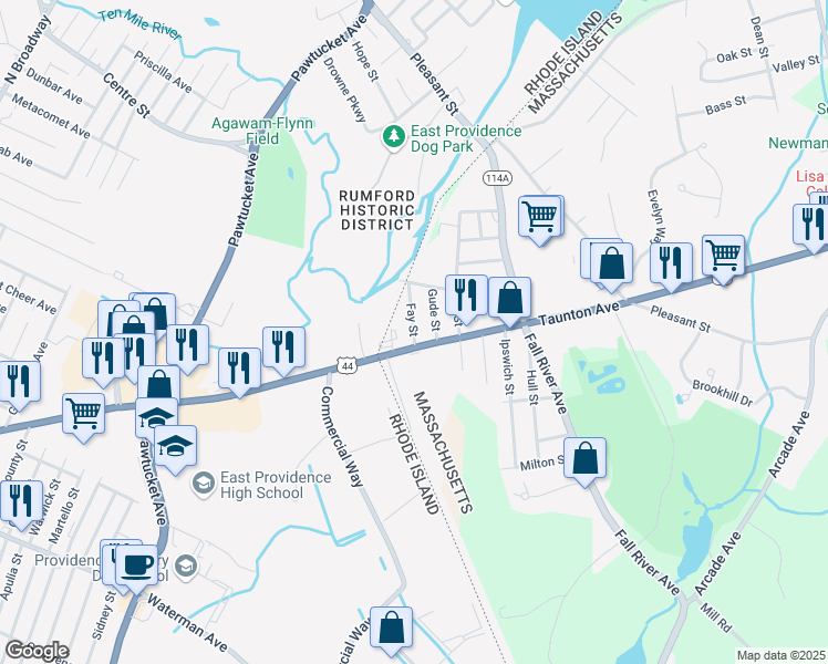 map of restaurants, bars, coffee shops, grocery stores, and more near 25 Fay Street in Seekonk