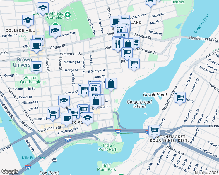 map of restaurants, bars, coffee shops, grocery stores, and more near 163 Gano Street in Providence