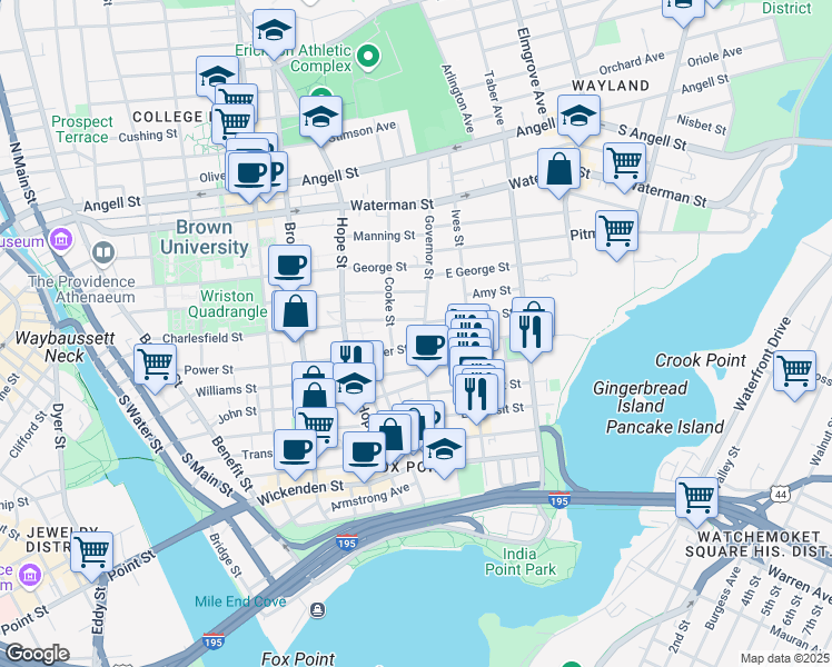 map of restaurants, bars, coffee shops, grocery stores, and more near 118 1/2 Governor Street in Providence