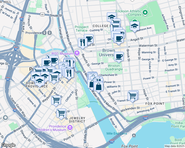 map of restaurants, bars, coffee shops, grocery stores, and more near 15 Hopkins Street in Providence