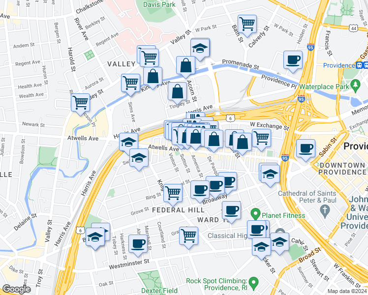map of restaurants, bars, coffee shops, grocery stores, and more near 141 Spruce Street in Providence