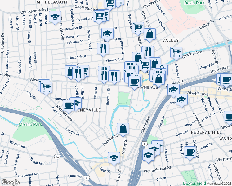 map of restaurants, bars, coffee shops, grocery stores, and more near 758 Atwells Avenue in Providence