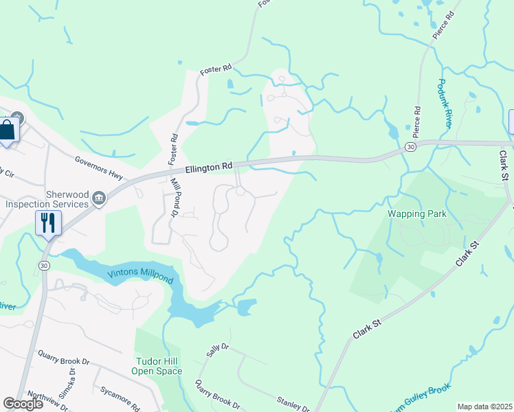 map of restaurants, bars, coffee shops, grocery stores, and more near 166 Candlewood Drive in South Windsor