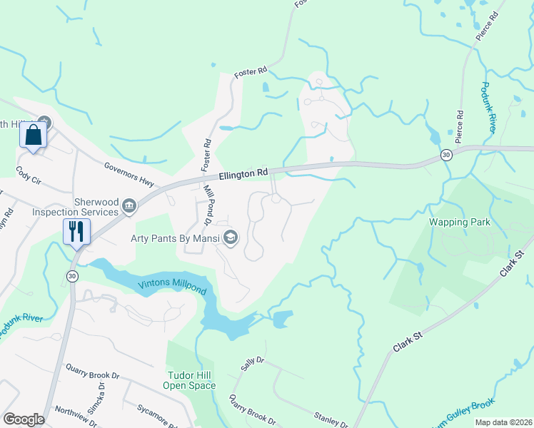 map of restaurants, bars, coffee shops, grocery stores, and more near 1103 Twin Circle Drive in South Windsor