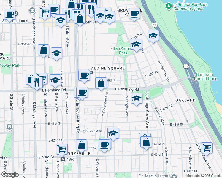 map of restaurants, bars, coffee shops, grocery stores, and more near 3839 South Vincennes Avenue in Chicago
