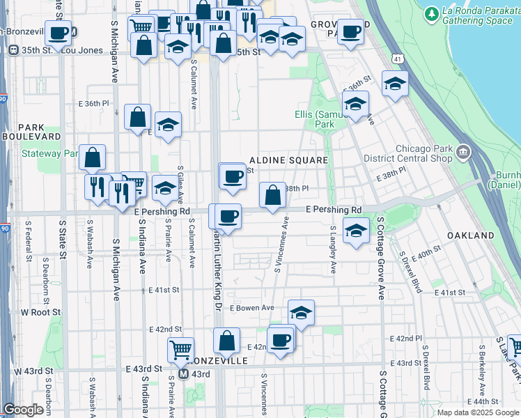 map of restaurants, bars, coffee shops, grocery stores, and more near 458 East Pershing Road in Chicago