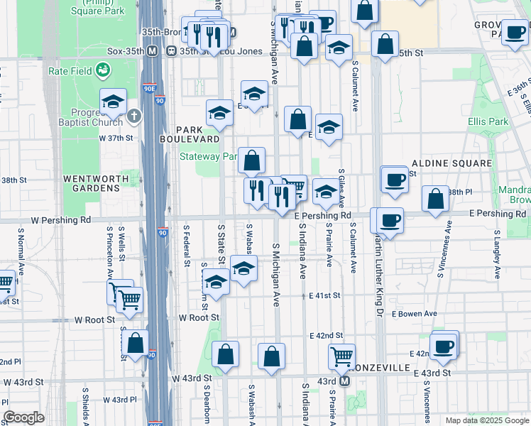 map of restaurants, bars, coffee shops, grocery stores, and more near 3837 South Wabash Avenue in Chicago