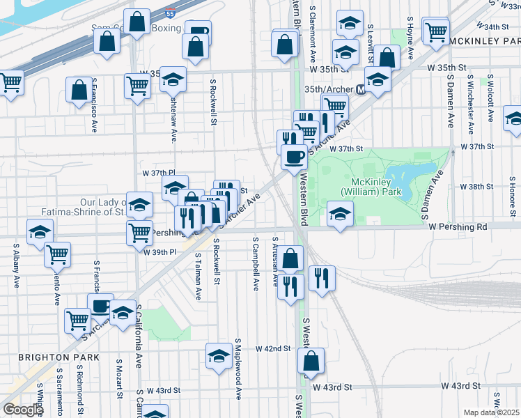 map of restaurants, bars, coffee shops, grocery stores, and more near 3791 South Archer Avenue in Chicago