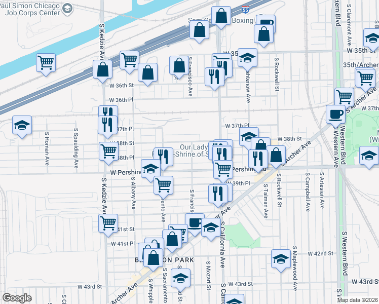 map of restaurants, bars, coffee shops, grocery stores, and more near 2907 West 38th Street in Chicago