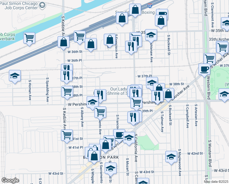 map of restaurants, bars, coffee shops, grocery stores, and more near 2907 West 38th Street in Chicago