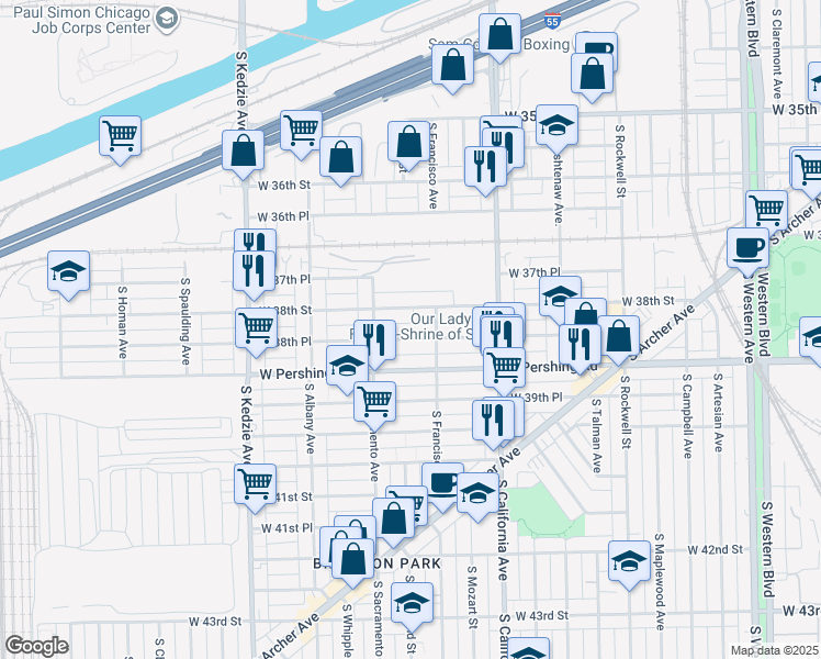 map of restaurants, bars, coffee shops, grocery stores, and more near 2907 West 38th Street in Chicago