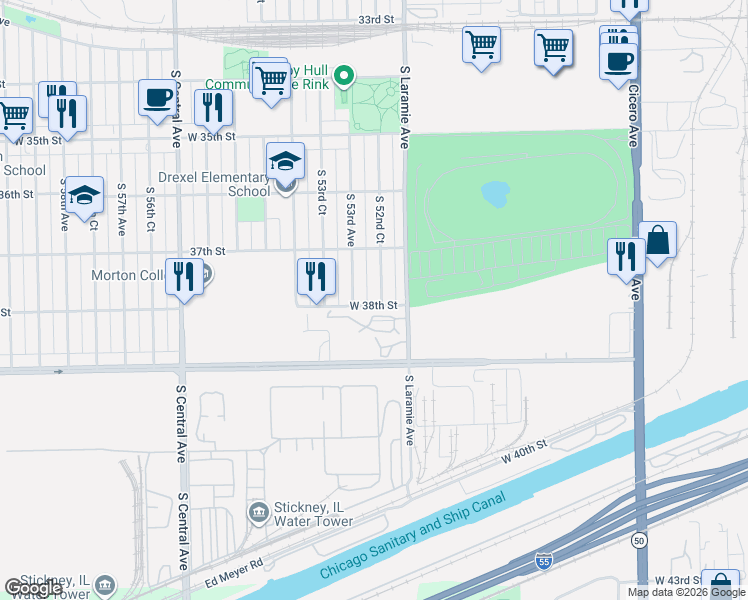 map of restaurants, bars, coffee shops, grocery stores, and more near 3729 South 52nd Court in Cicero