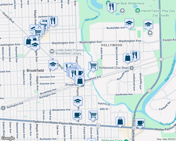 map of restaurants, bars, coffee shops, grocery stores, and more near in Brookfield