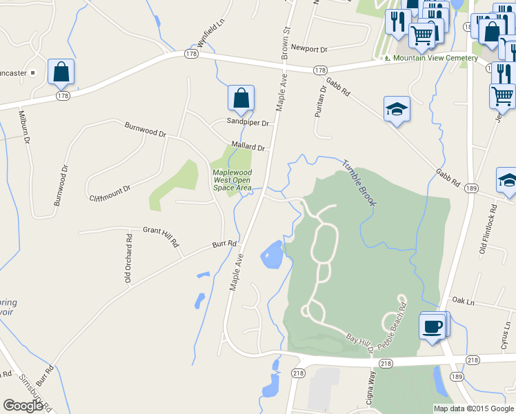 map of restaurants, bars, coffee shops, grocery stores, and more near Maple Avenue in Bloomfield