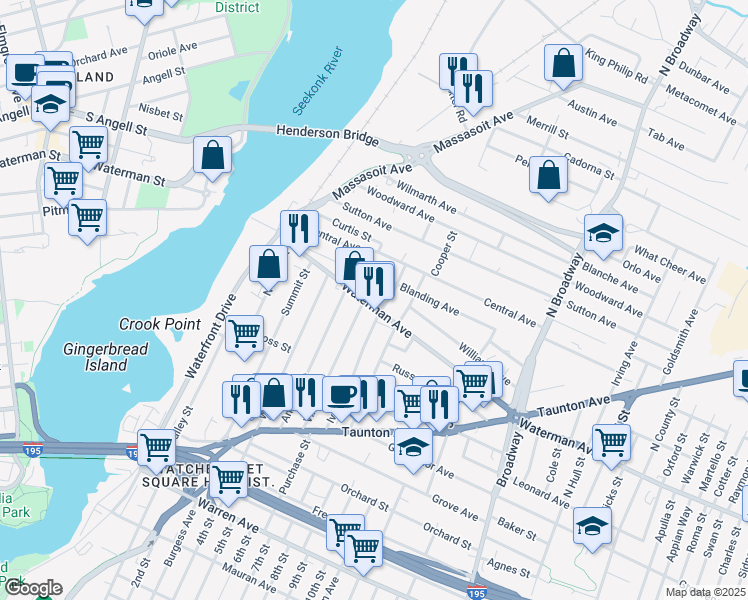 map of restaurants, bars, coffee shops, grocery stores, and more near 126 Waterman Avenue in East Providence