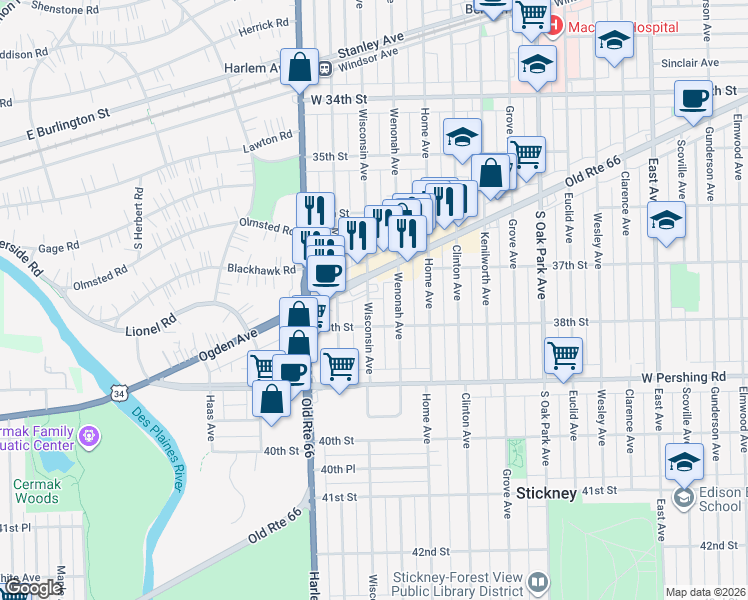 map of restaurants, bars, coffee shops, grocery stores, and more near 3737 Wisconsin Avenue in Berwyn