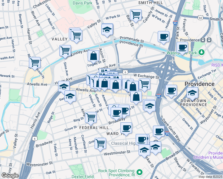 map of restaurants, bars, coffee shops, grocery stores, and more near 57 De Pasquale Avenue in Providence
