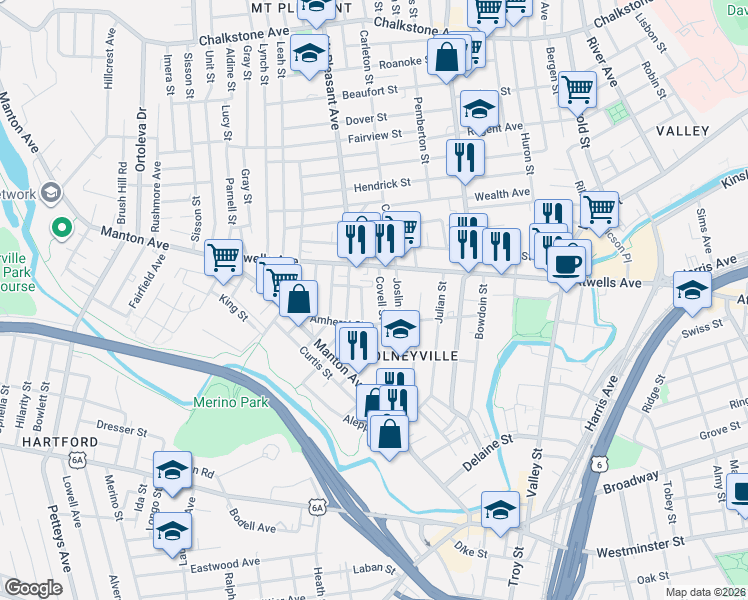 map of restaurants, bars, coffee shops, grocery stores, and more near 36 Amsterdam Street in Providence