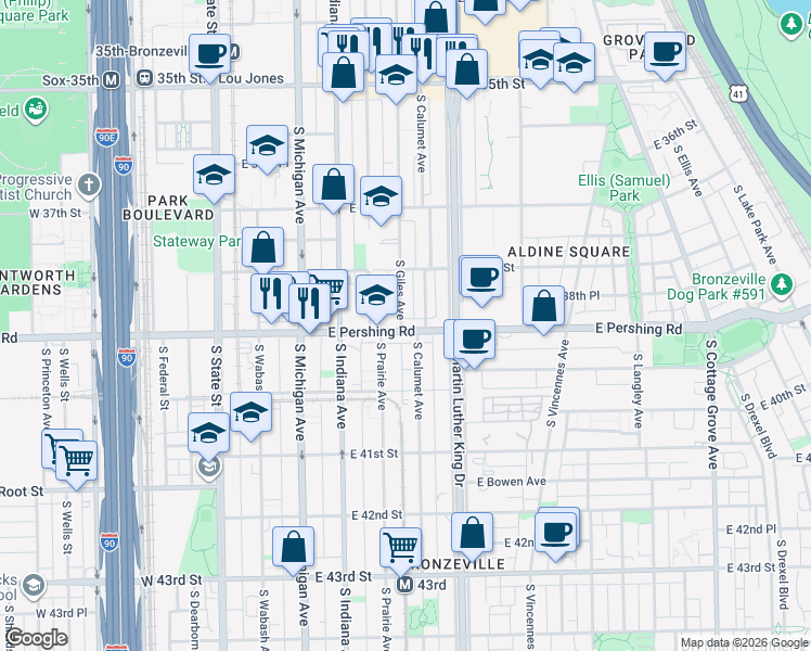 map of restaurants, bars, coffee shops, grocery stores, and more near 244 East Pershing Road in Chicago