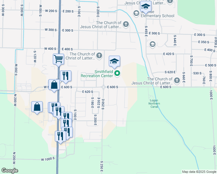 map of restaurants, bars, coffee shops, grocery stores, and more near 280 East in Smithfield
