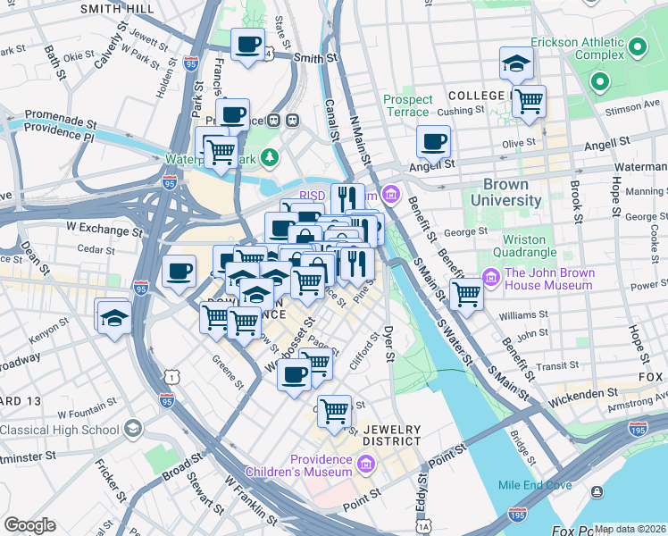 map of restaurants, bars, coffee shops, grocery stores, and more near in Providence